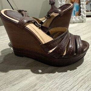 Frye Dark Brown Leather Wedge Sandals with Ankle Strap